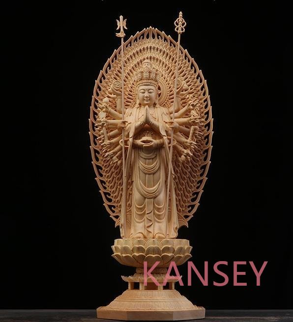 仏教美術 精密彫刻 仏像 手彫り 八角台座 桧木製 千手観音菩薩 高さ約43ｃｍの画像1