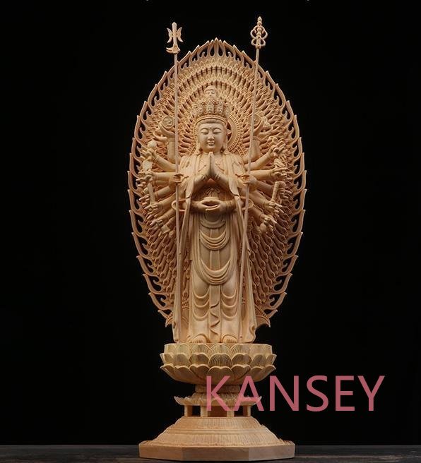 仏教美術 精密彫刻 仏像 手彫り 八角台座 桧木製 千手観音菩薩 高さ約