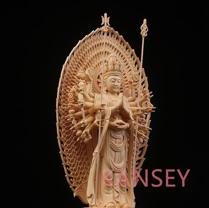 仏教美術 精密彫刻 仏像 手彫り 八角台座 桧木製 千手観音菩薩 高さ約43ｃｍの画像3