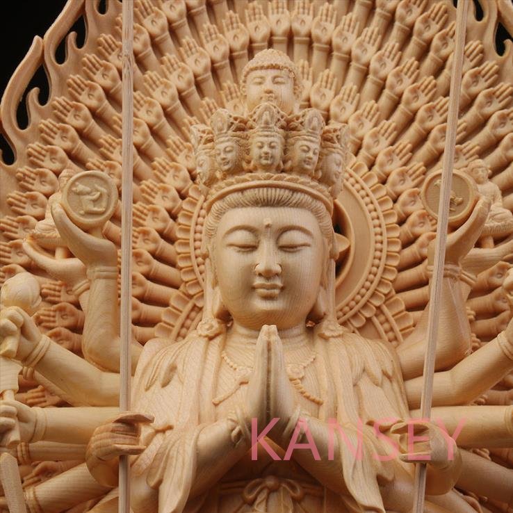 仏教美術 精密彫刻 仏像 手彫り 八角台座 桧木製 千手観音菩薩 高さ約43ｃｍの画像5