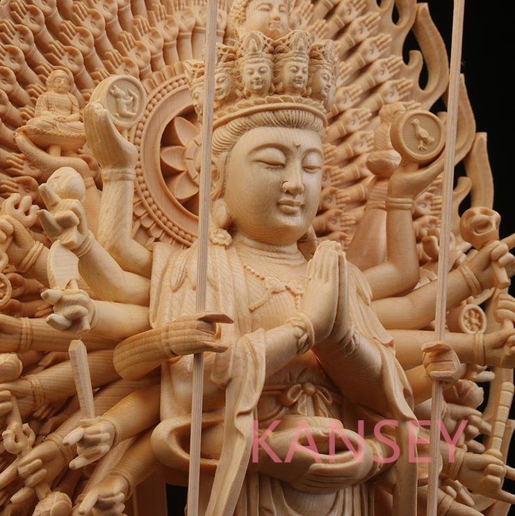 仏教美術 精密彫刻 仏像 手彫り 八角台座 桧木製 千手観音菩薩 高さ約43ｃｍの画像6