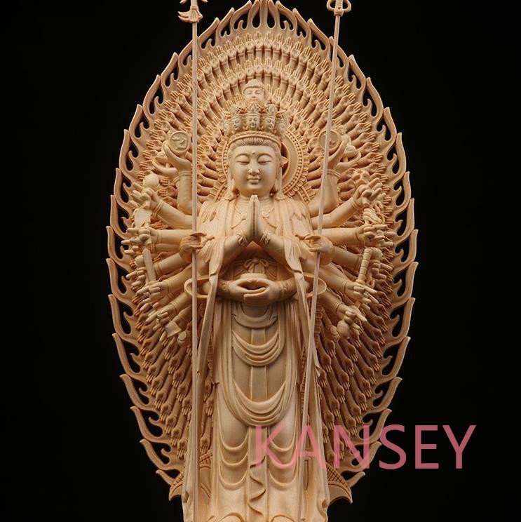 仏教美術 精密彫刻 仏像 手彫り 八角台座 桧木製 千手観音菩薩 高さ約43ｃｍの画像2
