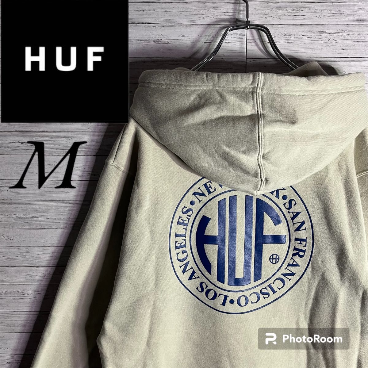 【希少カラー】HUF ハフ バックプリント 両面ロゴ ベージュ パーカー入手困難 スウェットパーカー Logo