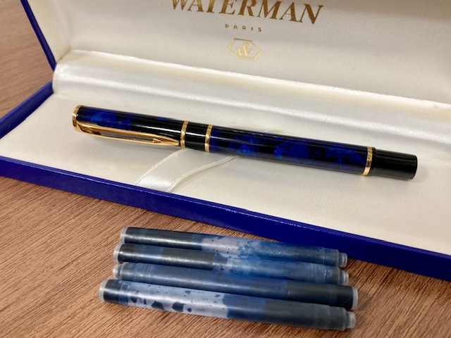 大「6961」WATERMAN/ウォーターマン　万年筆　ペン先　F　ブルー　マーブル　ケース付き　筆記未確認_画像1