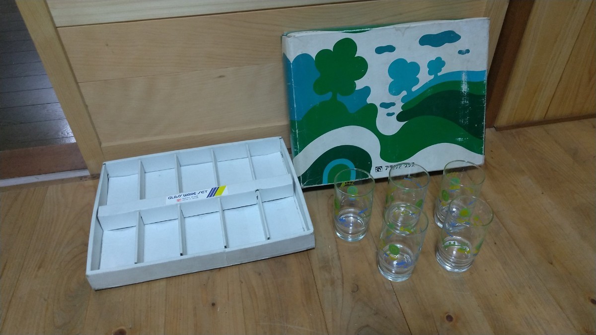 昭和レトロ アデリアグラス 石塚硝子 5個 ピクニック風景のデザイン 箱に痛みあります ADERIA GLASSの画像4
