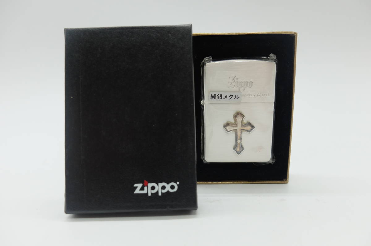 ☆未使用品☆#12115 Zippo ジッポー 2002年製 D/02 純銀メタル 立体クロス 箱付