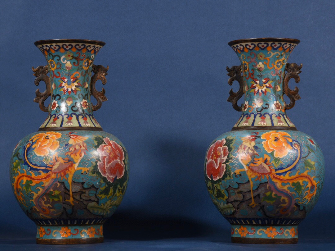 銅製・景泰藍・琺瑯彩・鳳凰戲牡丹紋・雙龍耳瓶一對『収蔵家蔵』稀少珍品・置物・古賞物・中国古美術