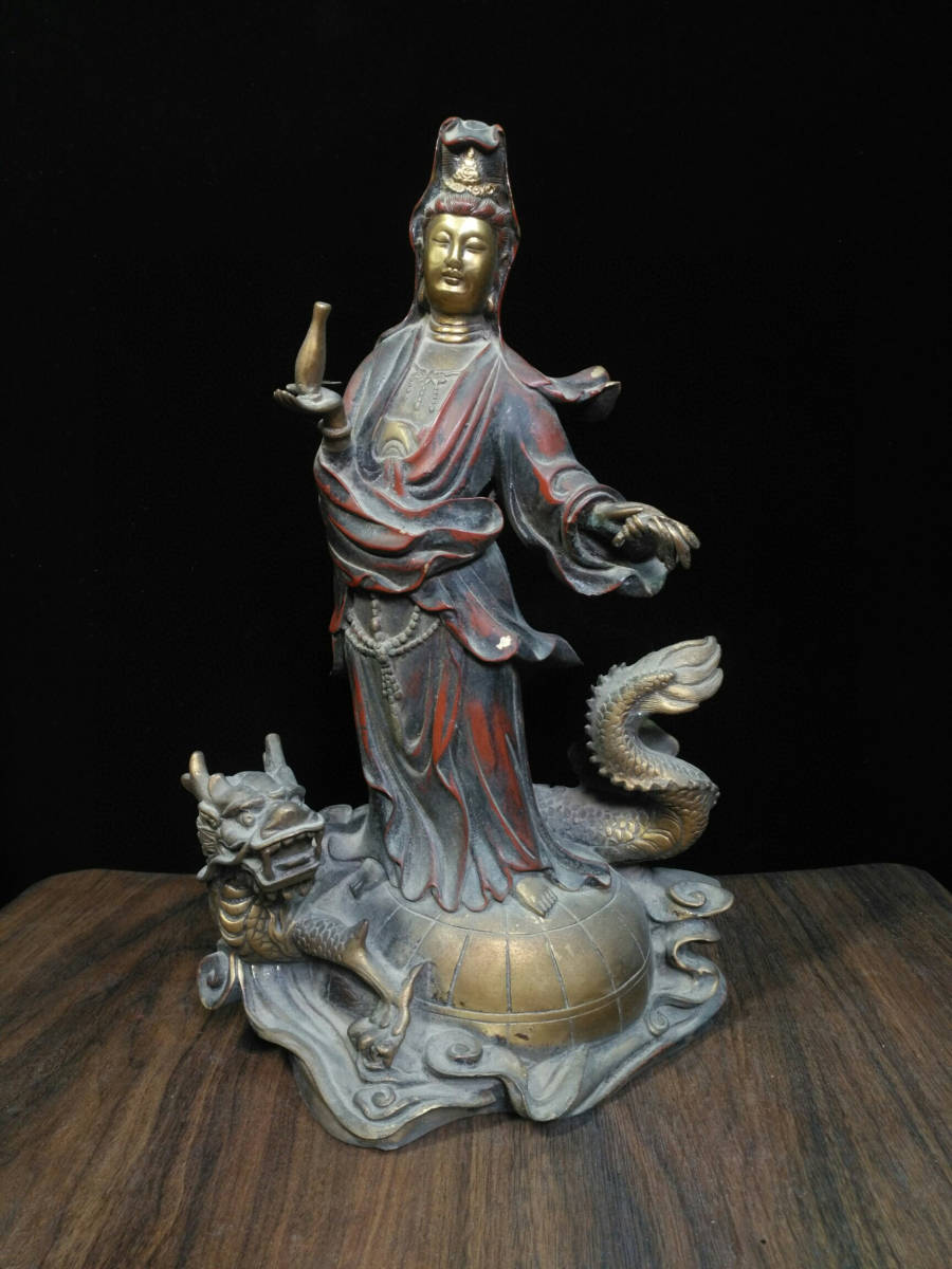 銅製・塗金・騎龍觀音像『収蔵家蔵』稀少珍品・置物・古賞物・中国古美術