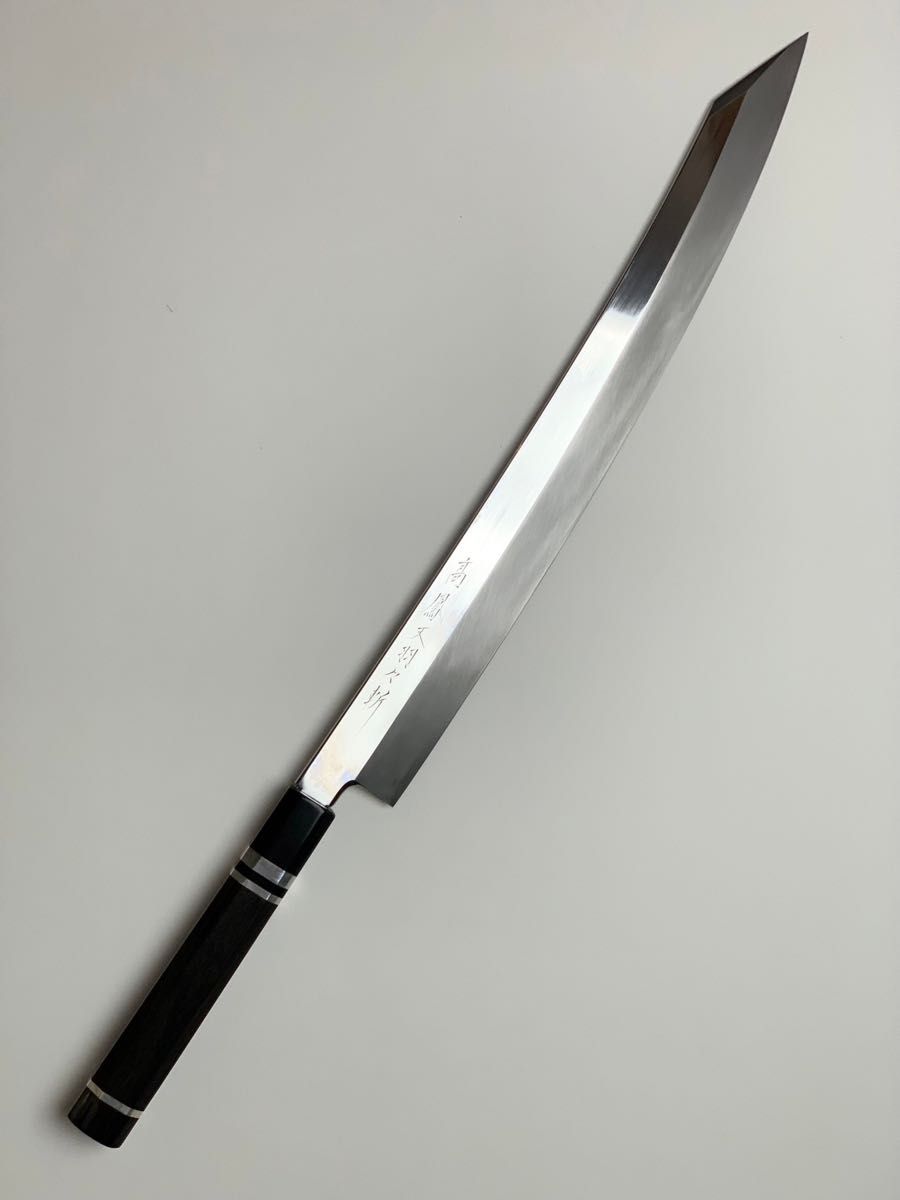 銀三 本焼き鎌薄刃包丁 210㎜ 7寸黒檀鞘付き 髙鳳 銀三本焼 切付け型 柳刃包丁 尺2寸 黒檀純銀三本巻柄