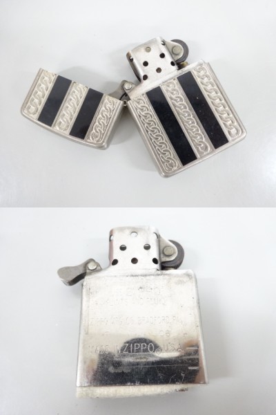 3点セット まとめて ZIPPO ジッポ ARMOR アーマー オニキス 石付き ストライプ シャインレイカット シルバー 銀 オイル ライター 喫煙 USA_画像5