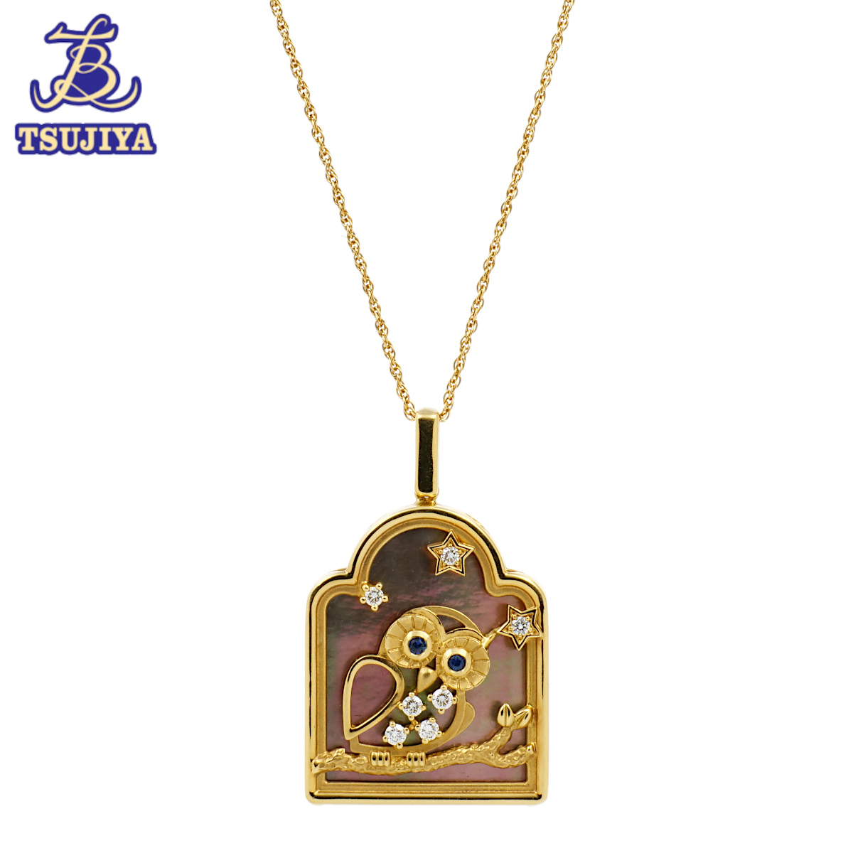 印象のデザイン ★ほぼ美品★ TASAKI タサキ シェルダイヤリバーシブルペンダントネックレス フクロウ/城 K18 46cm 12.8g 中古A【辻屋質店J1984】 ネックレス、ペンダント、チョーカー