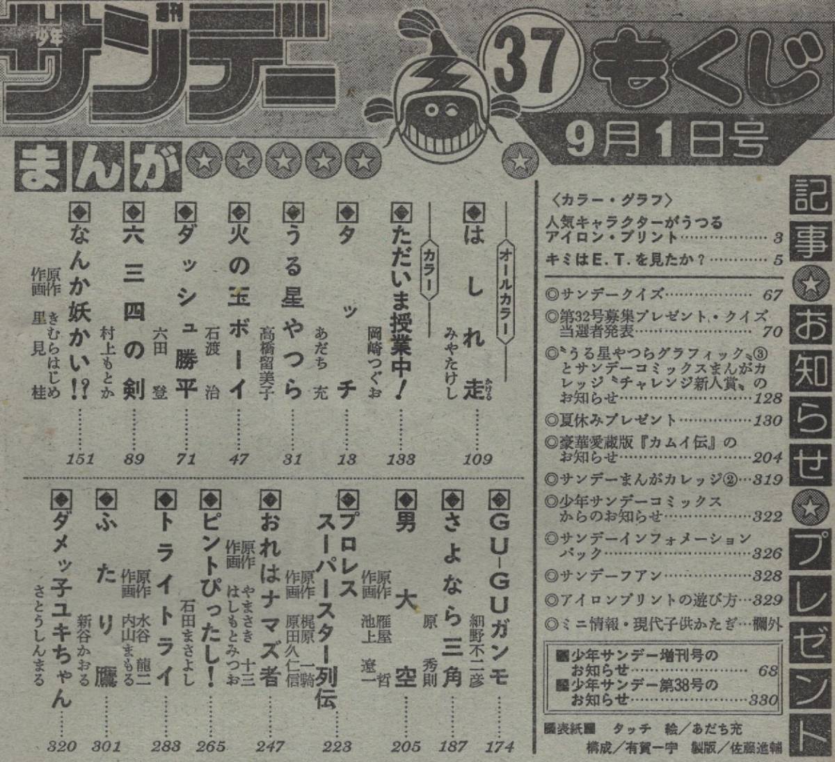 週刊 少年サンデー 1982年37号 昭和57年 表紙 タッチ アイロンプリント 付き うる星やつら 高橋留美子 あだち充 内山まもる 細野不二彦 本_画像3