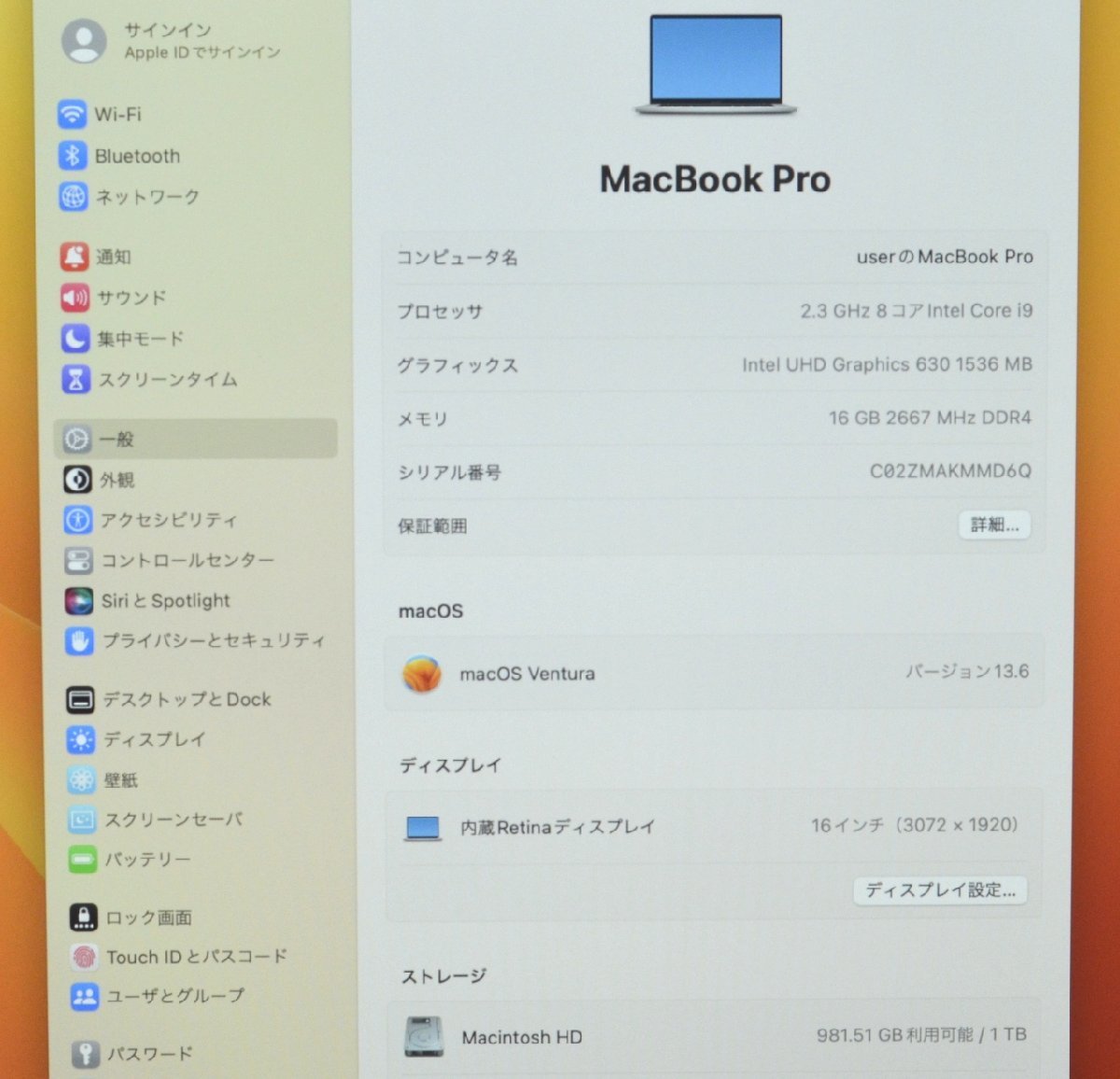 ∞ 1円～MacBook Pro (16インチ, 2019) MVVM2J/A 2.3GHz Core i9 メモリ:16GB SSD:1TB AMD Radeon Pro 5500M 4GB Touch Bar MAKM_画像3