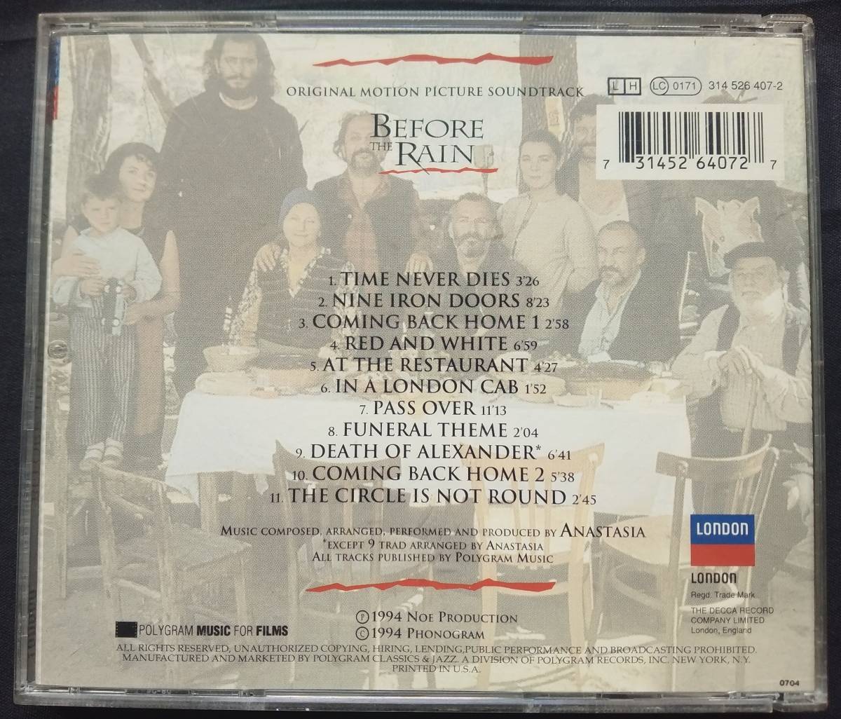 CD BEFORE THE RAIN SOUNDTRACK 314 526 407-2 ビフォア・ザ・レイン サウンドトラック ANASTASIA アナスタシア LAZAROVA DAUTOVSKI TOSIC_画像2