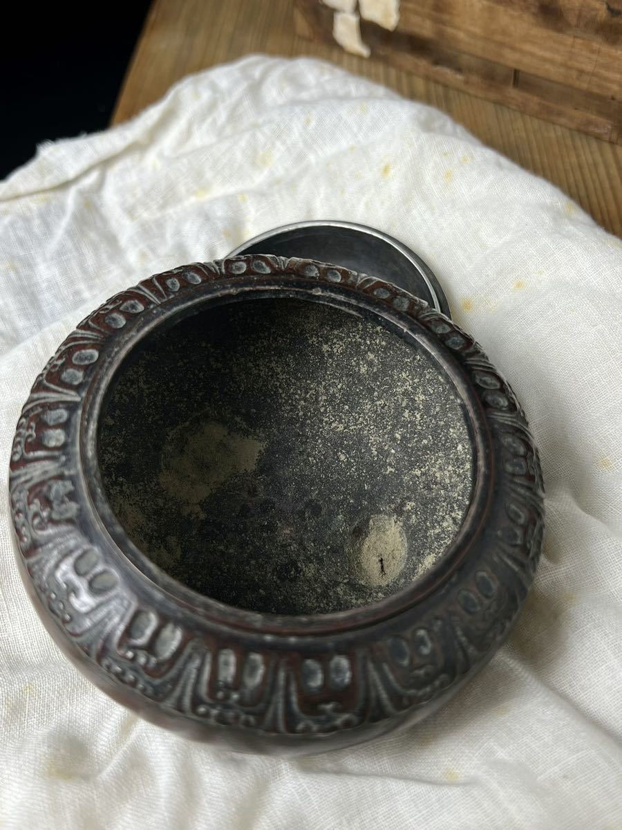 銅製古銅中国古美術金工香炉三足斑紫銅銀火舎銀火屋（98.6g）香道具共
