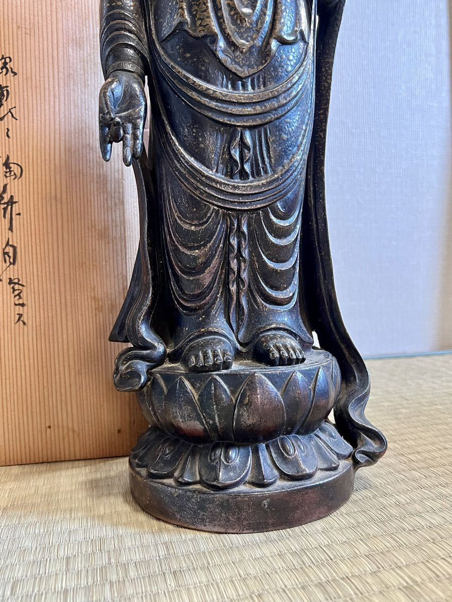 備前焼 藤原陶斎 観音立像 細密細工 仏教美術 時代物 古美術品 古備前 置物 床置 古陶磁 高さ54cm無傷完品 共箱 人間国宝 明治蔵出 仏像_画像5