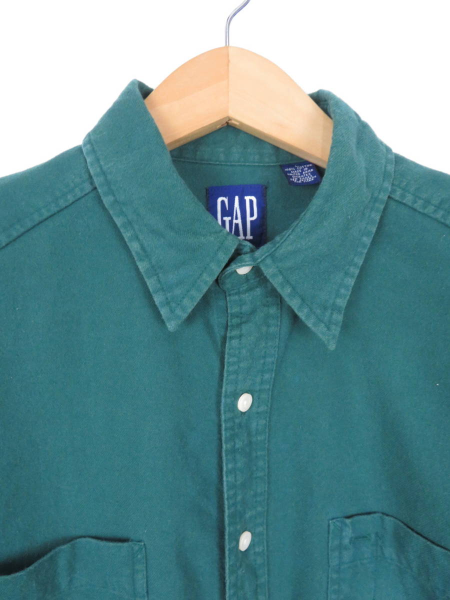 90s オールドギャップ ★ 紺タグ ネルシャツ 無地 L ★ OLD GAP グリーン 緑 ビンテージ アメリカ USA 古着の画像3