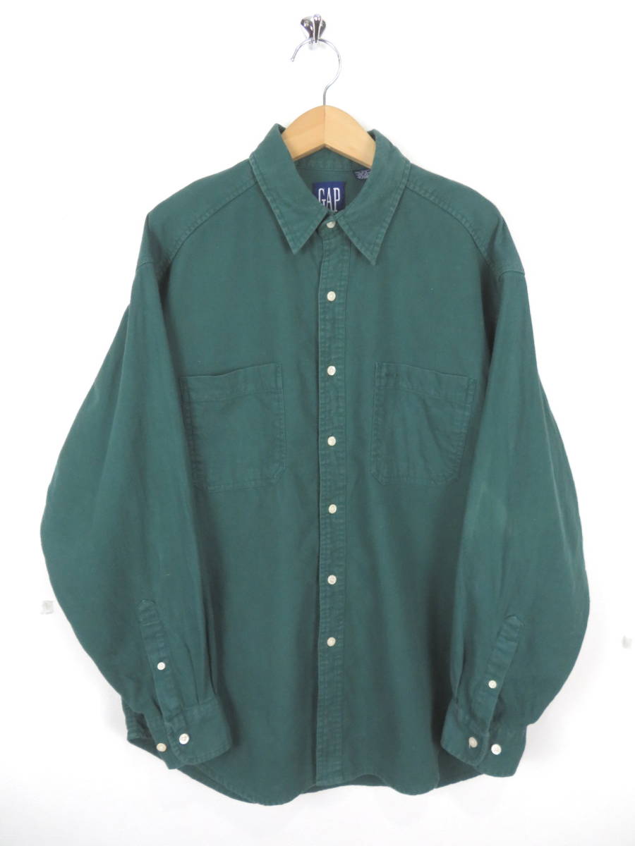 90s オールドギャップ ★ 紺タグ ネルシャツ 無地 L ★ OLD GAP グリーン 緑 ビンテージ アメリカ USA 古着の画像5