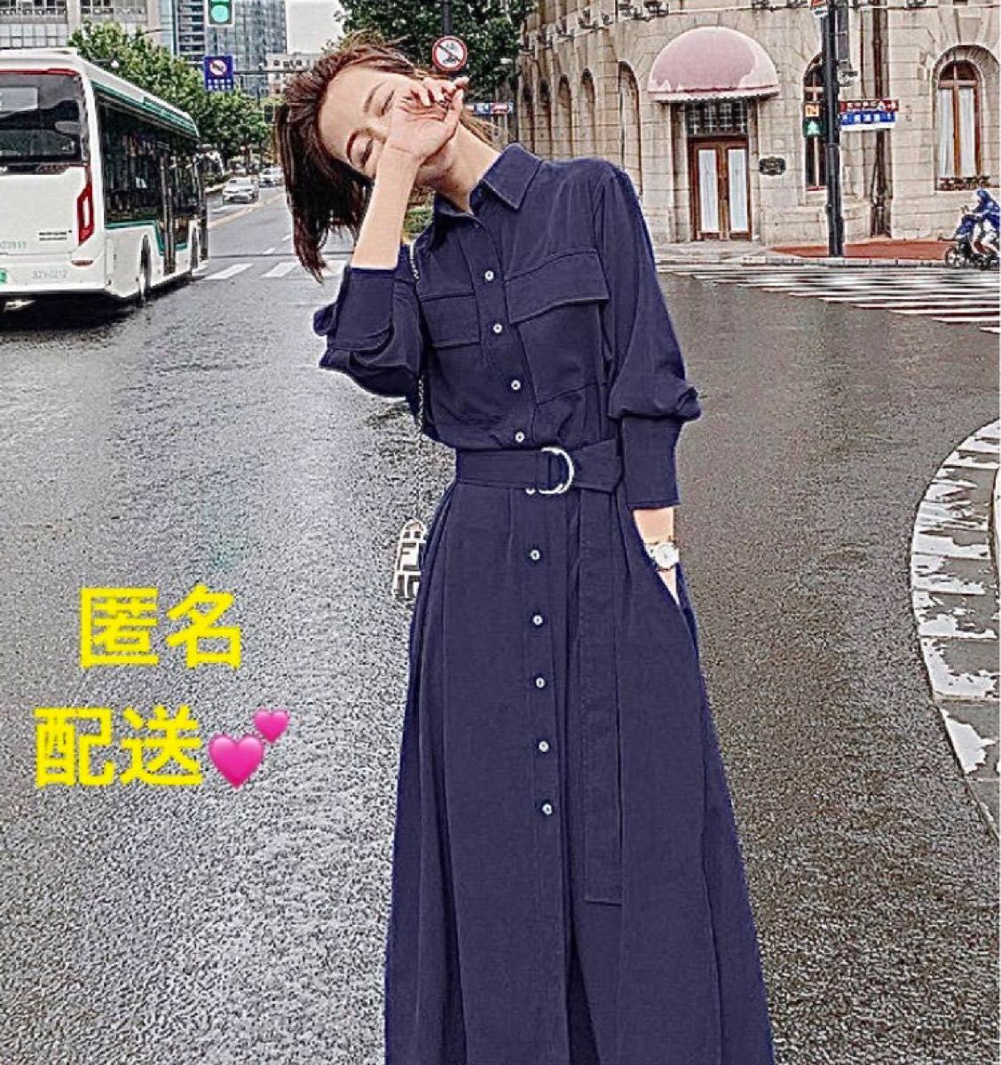 ロングシャツワンピース ネイビー・紺色 ポケットあり ベルト ロングシャツワンピース ネイビー・紺色 ポケットあり ベルト