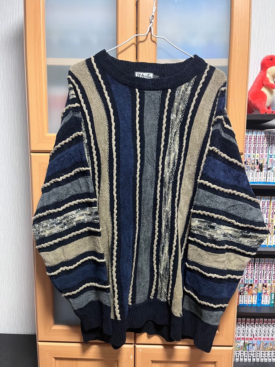 90's 古着 Davira 3Dニット 紺 vintage knit ニットセーター KNIT