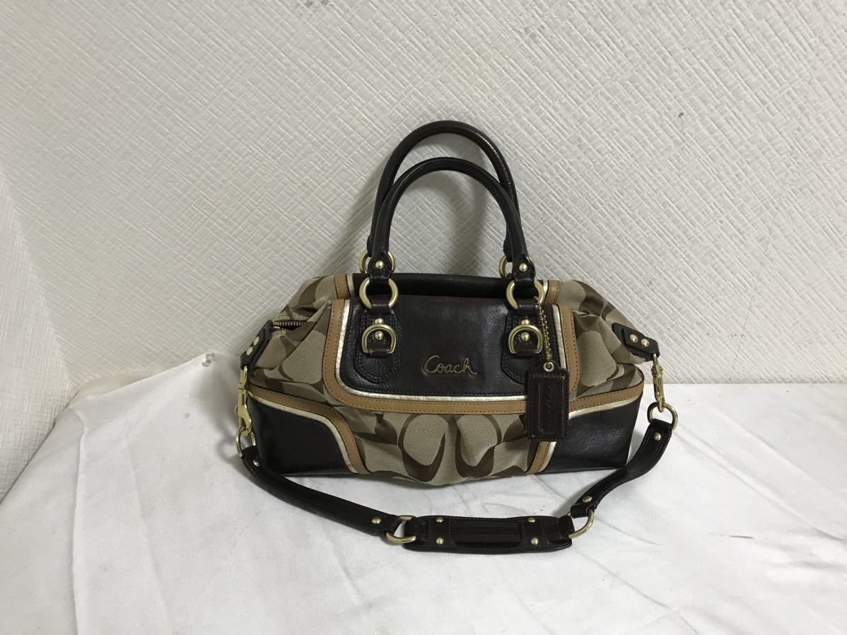 本物コーチCOACH本革レザーキャンバス2wayトートボストンワンショルダーバッグビジネスハンドバックレディースメンズ茶ブラウン_画像1