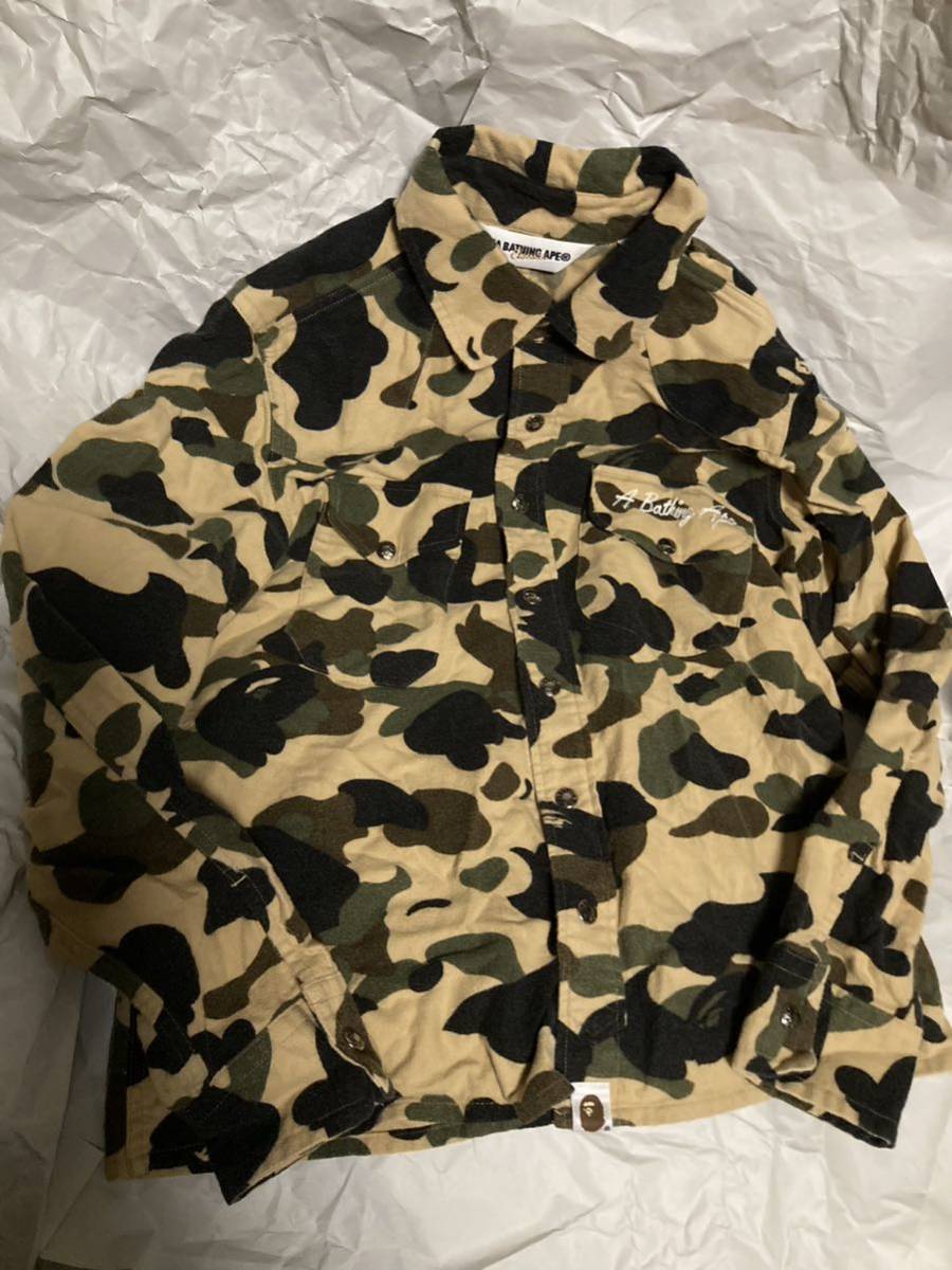 A BATHING APE エイプ 1stカモ 長袖シャツ エイプ イエローカモ レディースXXSサイズ BAPEベイプNIGO APE 1stイエローカモ エイプカモ_画像1