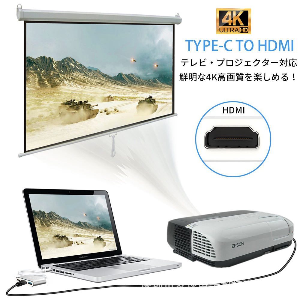 USB Typc-C ハブ シルバー HDMI Thunderbolt3 簡単 TV テレビ モニター 出力 テレビ 変換 アダプター TypeC マルチハブ HUB 4K 高画質_画像4