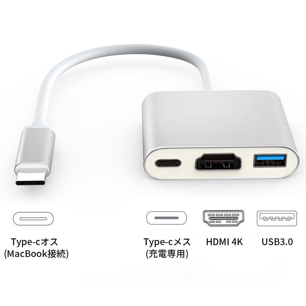 USB Typc-C ハブ シルバー HDMI Thunderbolt3 簡単 TV テレビ モニター 出力 テレビ 変換 アダプター TypeC マルチハブ HUB 4K 高画質_画像5