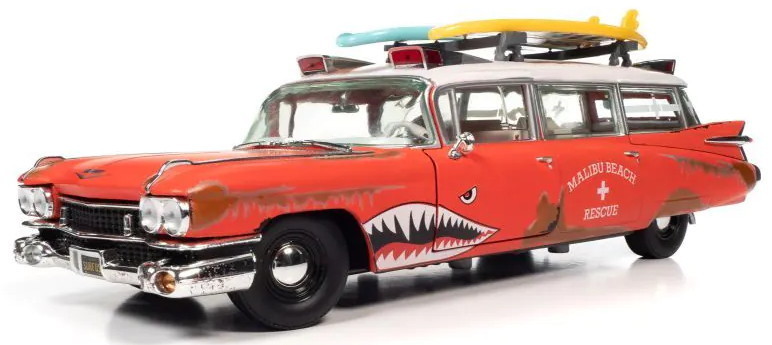 AUTOWORLD 1/18 1959 キャディラック エルドラド 救急車 Surf Shark レッド/ホワイト 完成品ダイキャストミニカー AW312　送料無料
