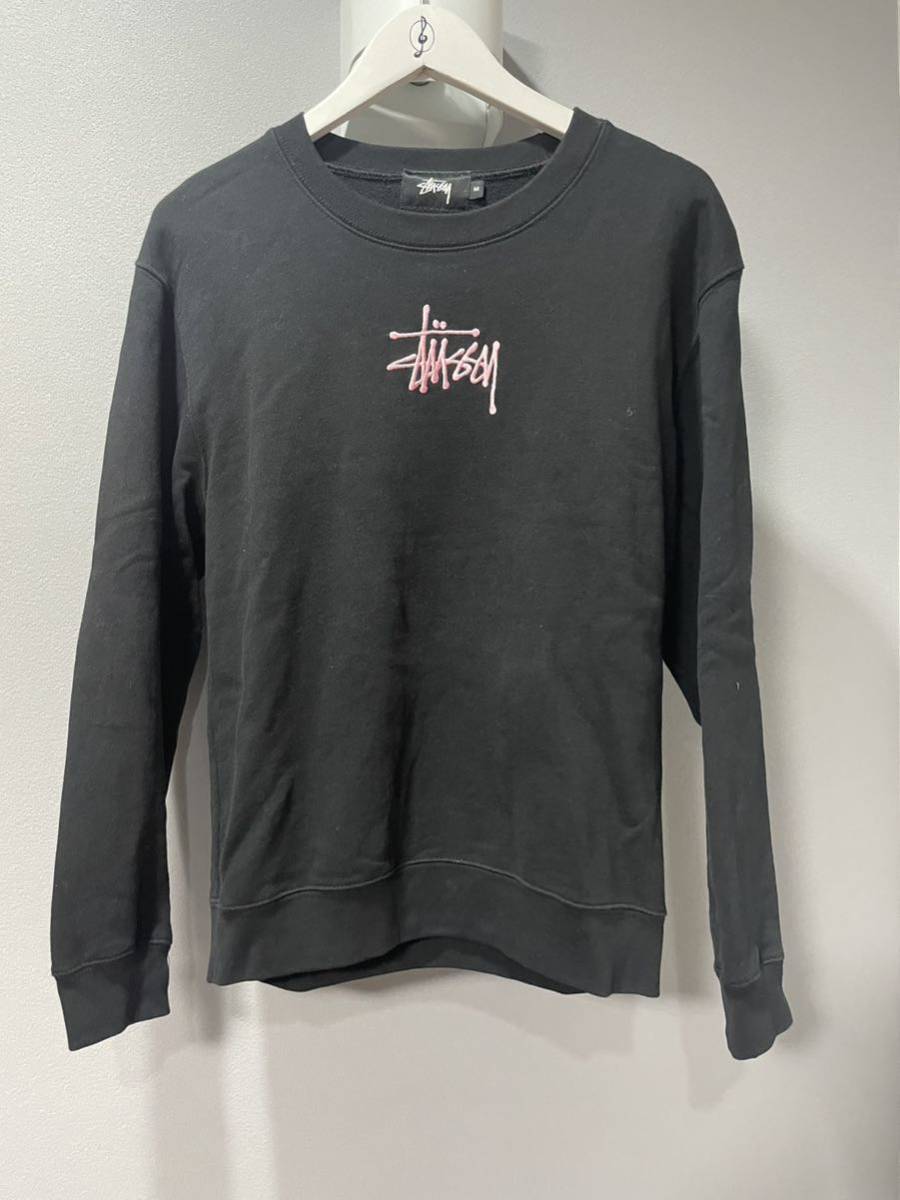 Stüssy ステューシー美品長袖トレーナー黒スウェット刺繍ロゴピンク