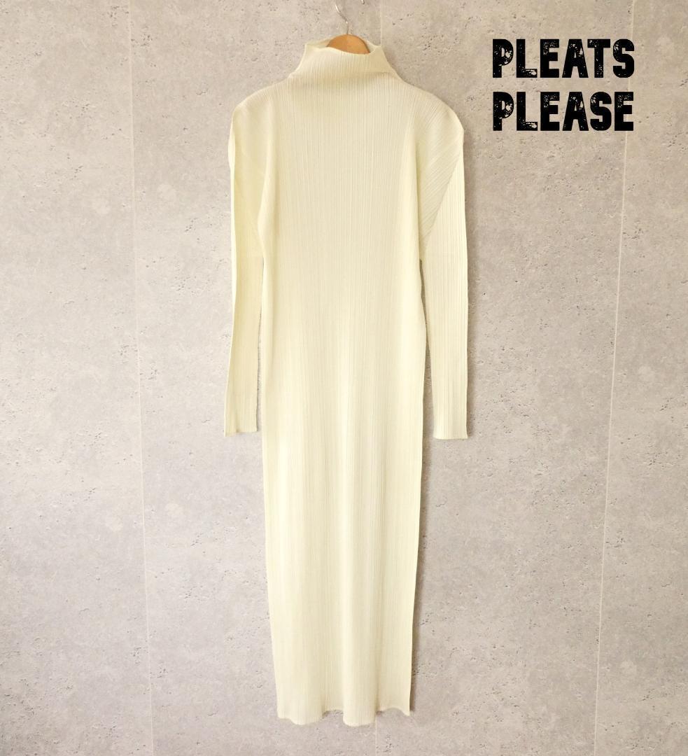  superior article PLEATS PLEASE pleat pulley z Issey Miyake 4 approximately XL cream high‐necked long height maxi height long sleeve One-piece 