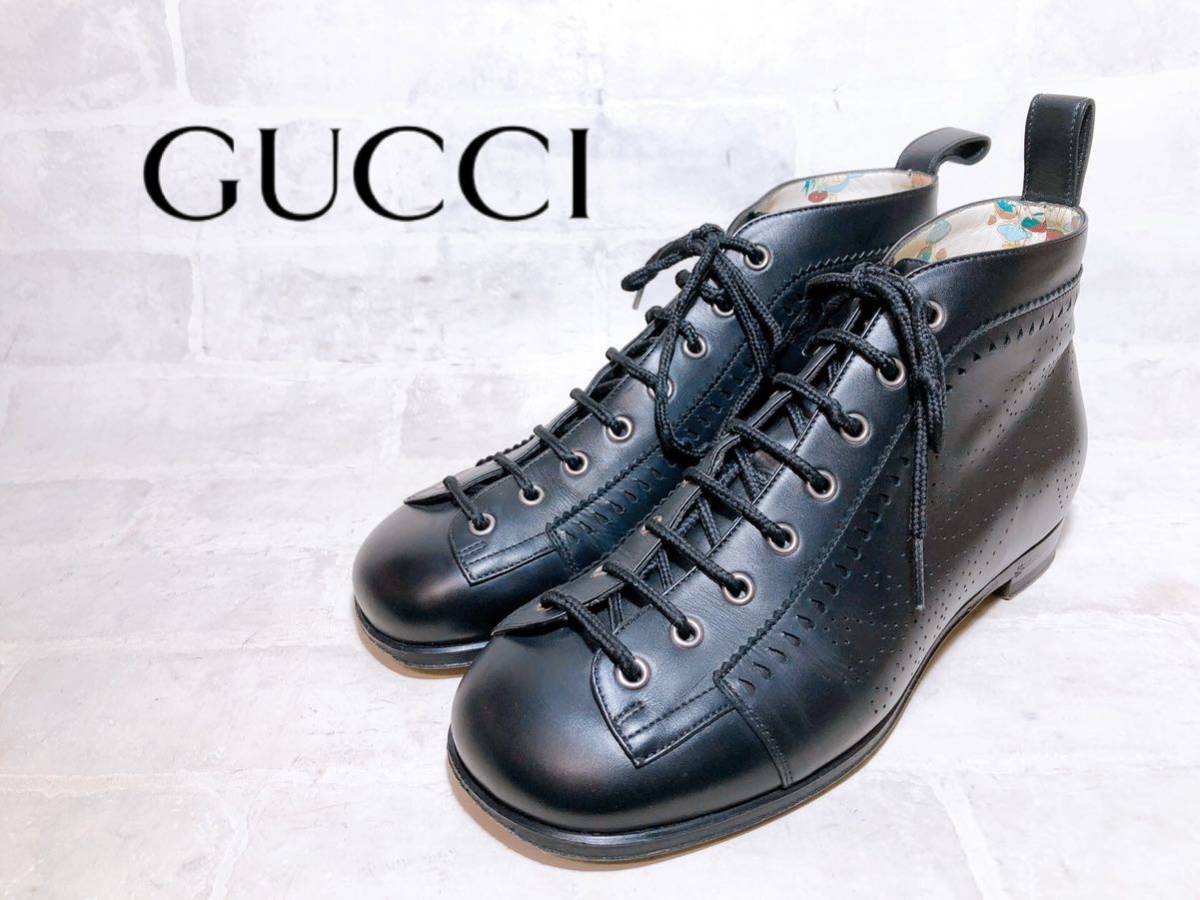 正規品【極美品】GUCCI グッチ 最高級 レザーブーツ 本革 黒 ハイカットスニーカー 革底 レザーソール UK6(約24.5cm)メンズ
