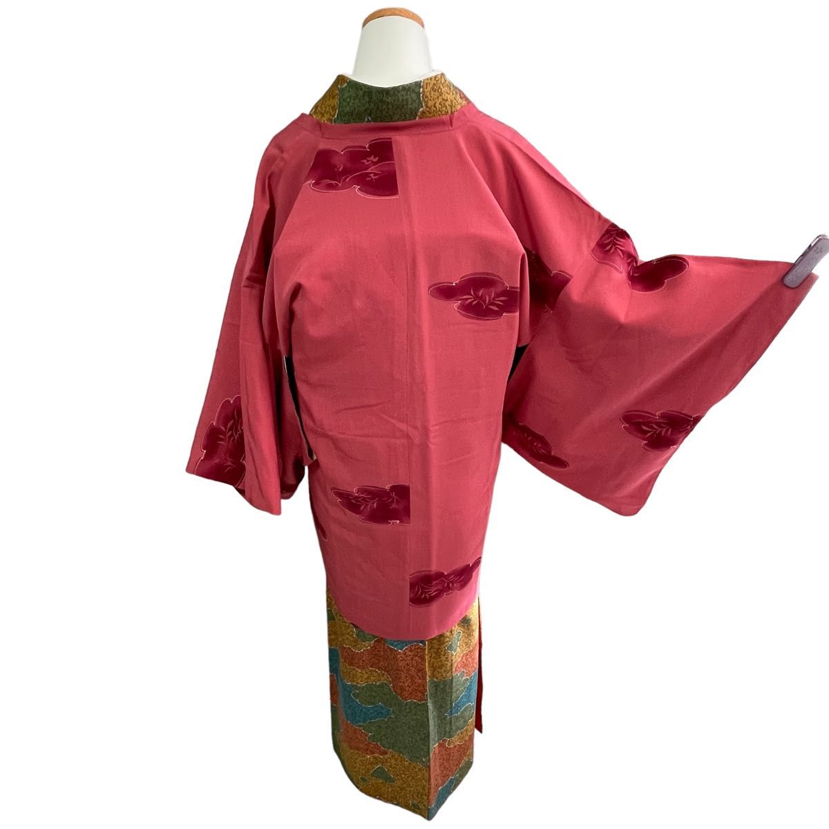 道行コート 和装コート 袷 ピンク 着物 裄65 小紋 に 冬着物 防寒 