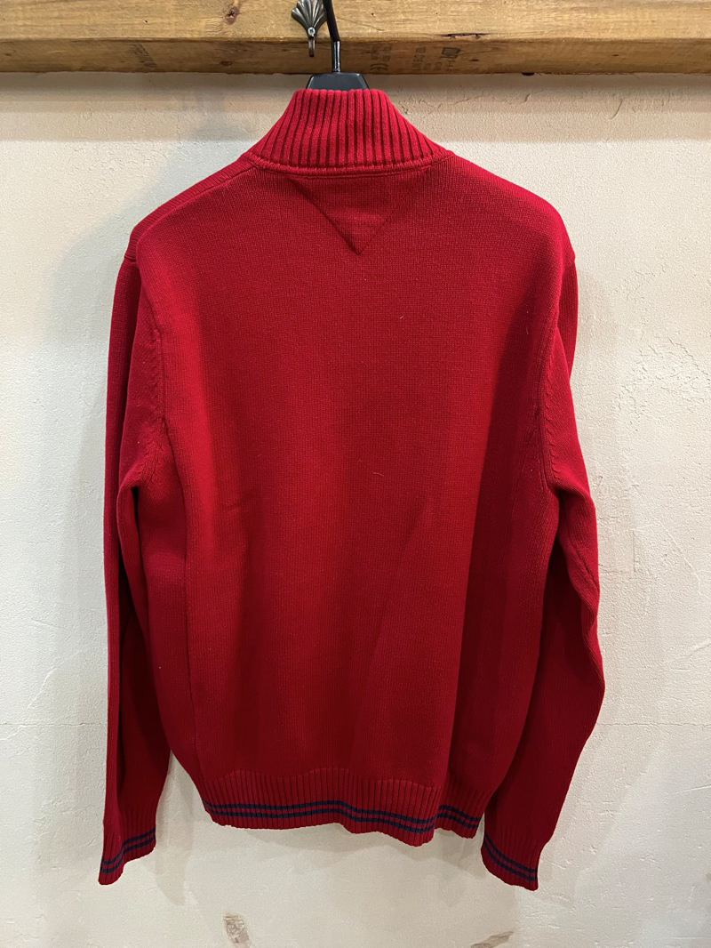 T72★TOMMY HILFIGER/トミーヒルフィガー ワッペン刺繍ニットジップアップパーカー メンズ Sサイズ レッド×ネイビー系 USED 古着 ★_画像7