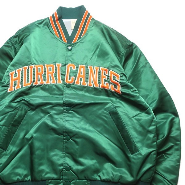 グッドデザイン! 80s 90s HURRICANES ヴィンテージ アーチロゴ サテン地 ナイロン アワードジャケット スタジャン グリーン 緑 M メンズ_画像3