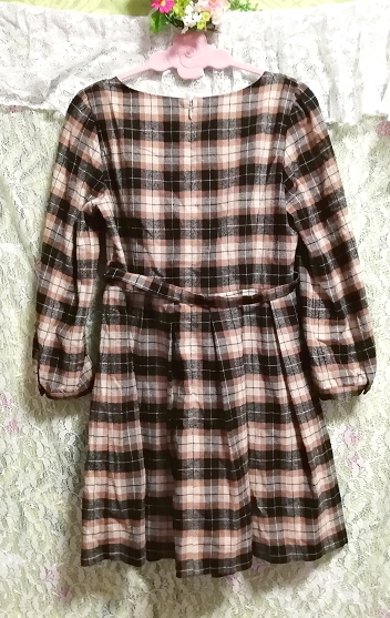  navy blue . tea. check pattern long sleeve tunic / One-piece Navy brown check pattern long sleeve tunic/onepiece