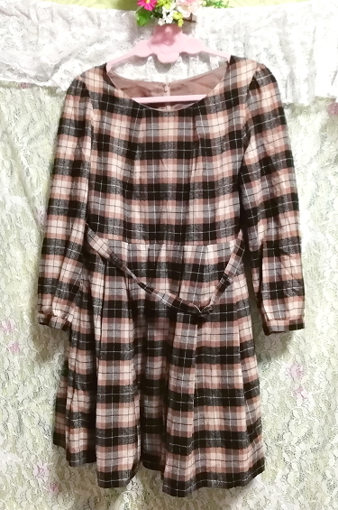  navy blue . tea. check pattern long sleeve tunic / One-piece Navy brown check pattern long sleeve tunic/onepiece
