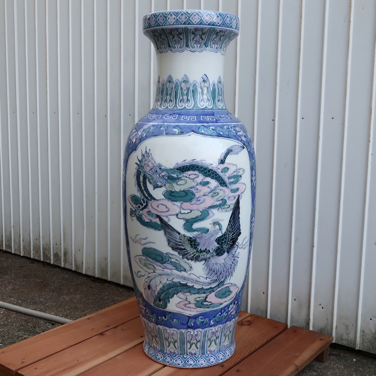 直接引き取り限定！！ 中国 乾隆年製 花瓶 染付 龍 鳳凰 壺 陶器 特大