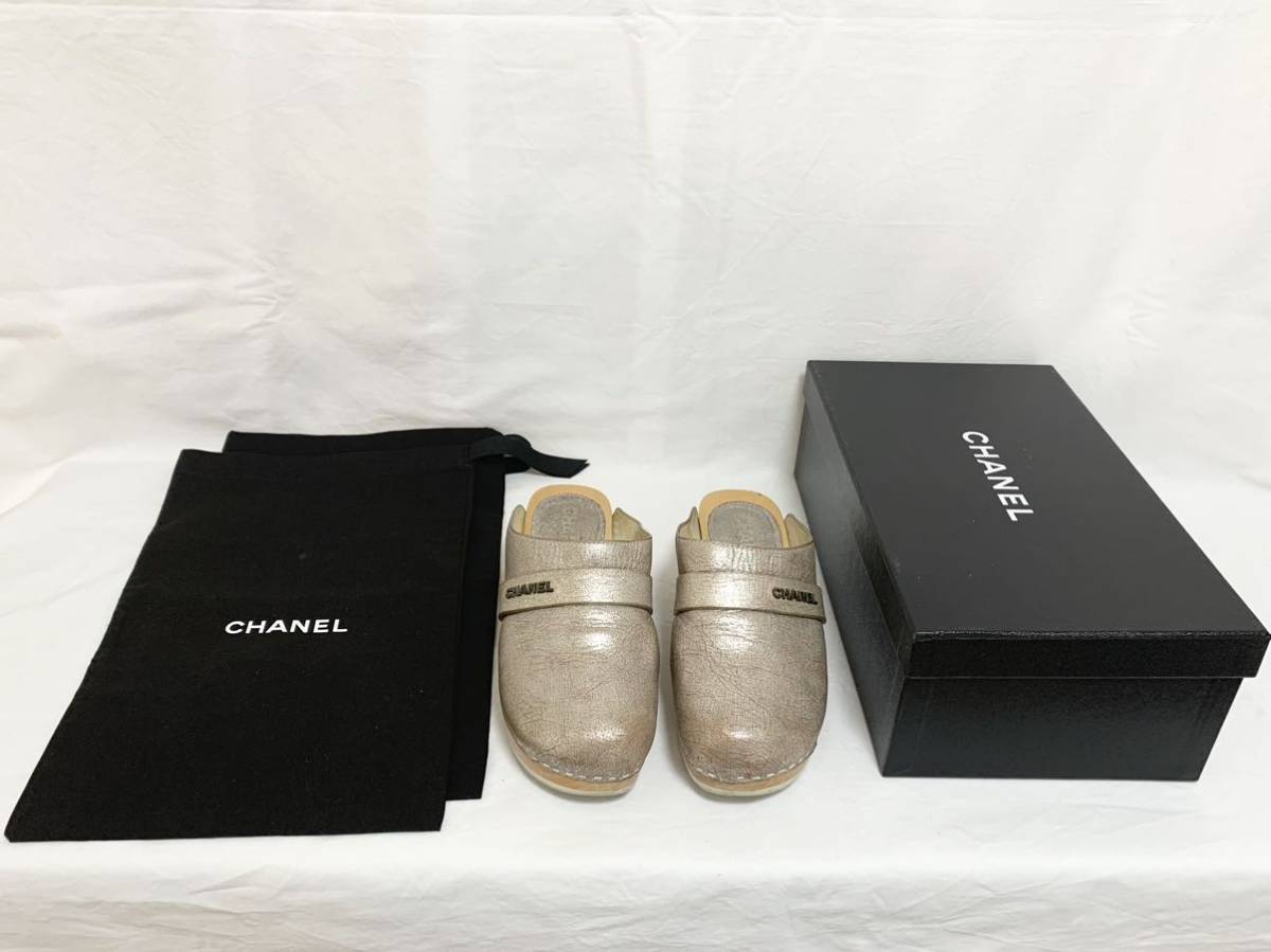 希少 美品 シャネル CHANEL レザー ウッドソール サボ 厚底 サンダル スリッパ ミュール シルバー 36 22.5～23㎝ レディース シューズ 靴_画像2