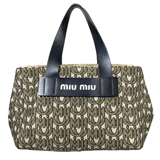 miumiu ミュウミュウ MIU EVERYWHERE ハンドバッグ バッグ 手持ち鞄 総柄 ロゴデザイン キャンバス レザー カーキ ブラック