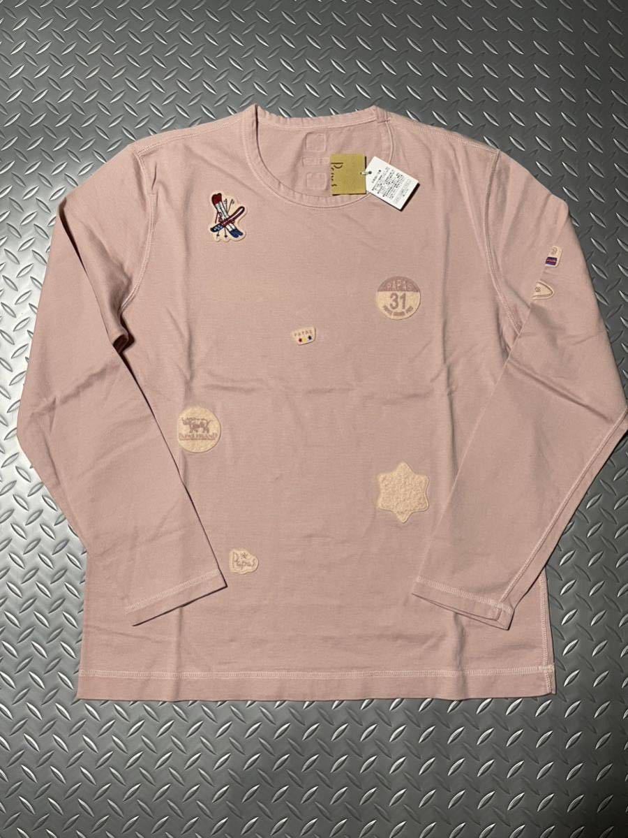 T02 刺繍ワッペンいっぱい 新品未使用 Papas パパス 長袖Tシャツ 淡いピンク スキースノーボード絵柄 サイ絵柄 GP-PAPAS 48M