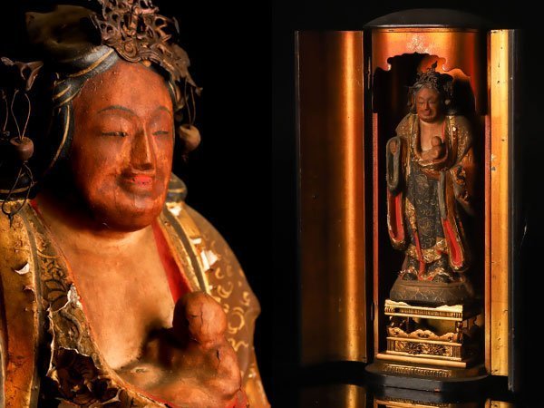 【琴》送料無料 仏教美術 時代 彩色 木彫 仏像 厨子入仏 高さ39.5cm TJ655