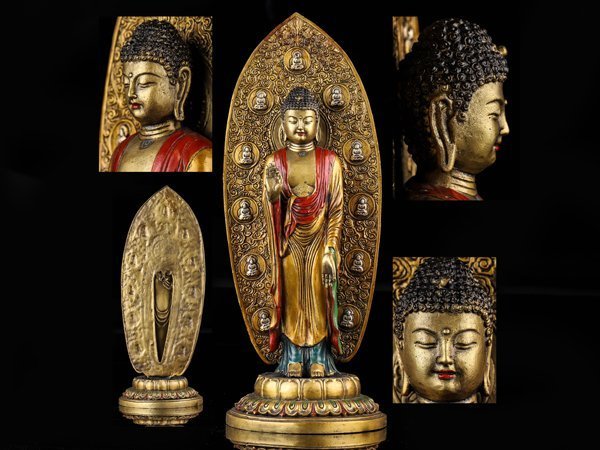 【琴》送料無料 仏教美術 色絵銅阿弥陀如来像 高39.5cm TN977