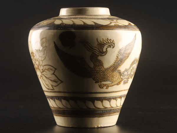 【琴》送料無料 中国美術 鉄釉 鳳凰図 花瓶 高26.3cm TM512