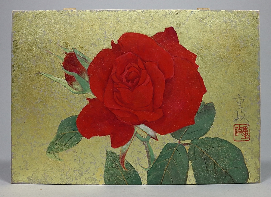 【模写】日本画家　河合重政　真作肉筆　薔薇の図　共シール　額装_画像9