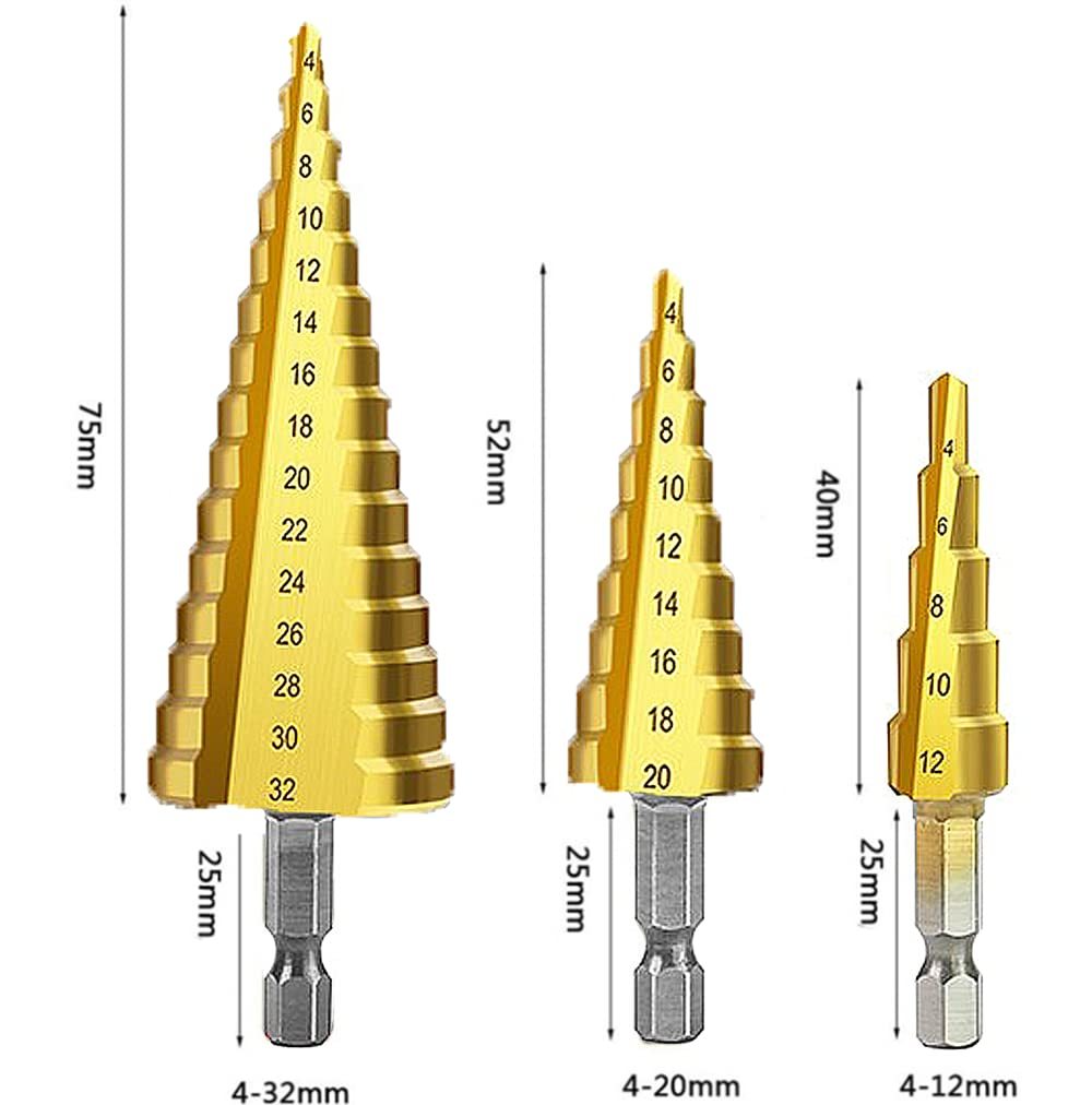 ステップドリル 六角軸 3本セット 4-32mm 4-20mm 4-12mm らせん状 チタンコーティング スパイラル hss? ドリル 螺旋 収納袋付き_画像2