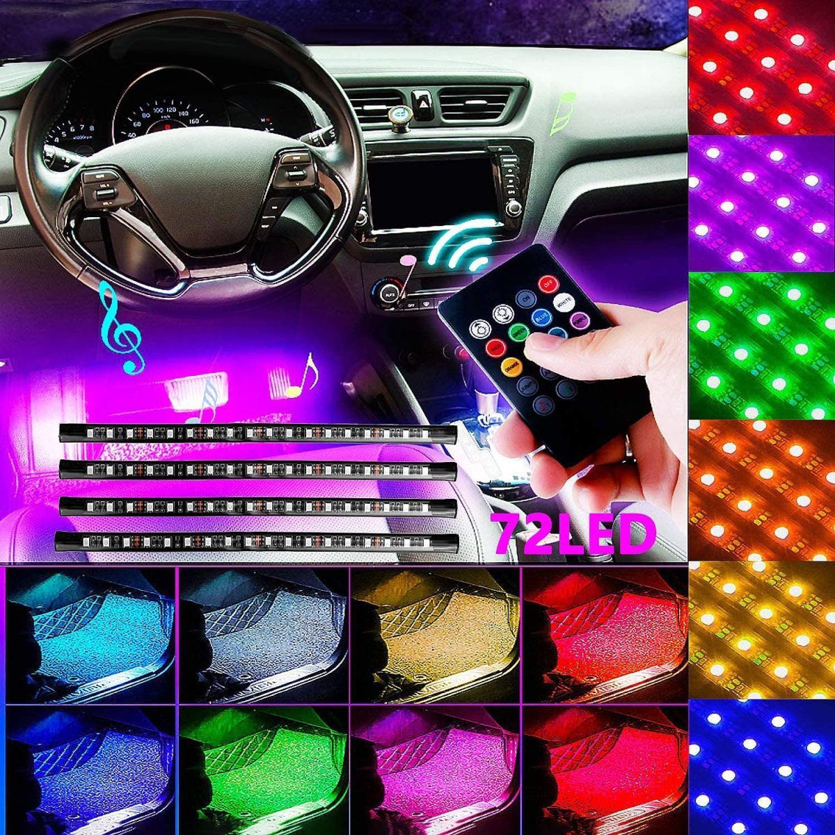 車 テープライト LED USB シガーソケット 18LED×4本　72LED 車内装飾用 フットランプ リモコン フットライト フロアライト_画像1