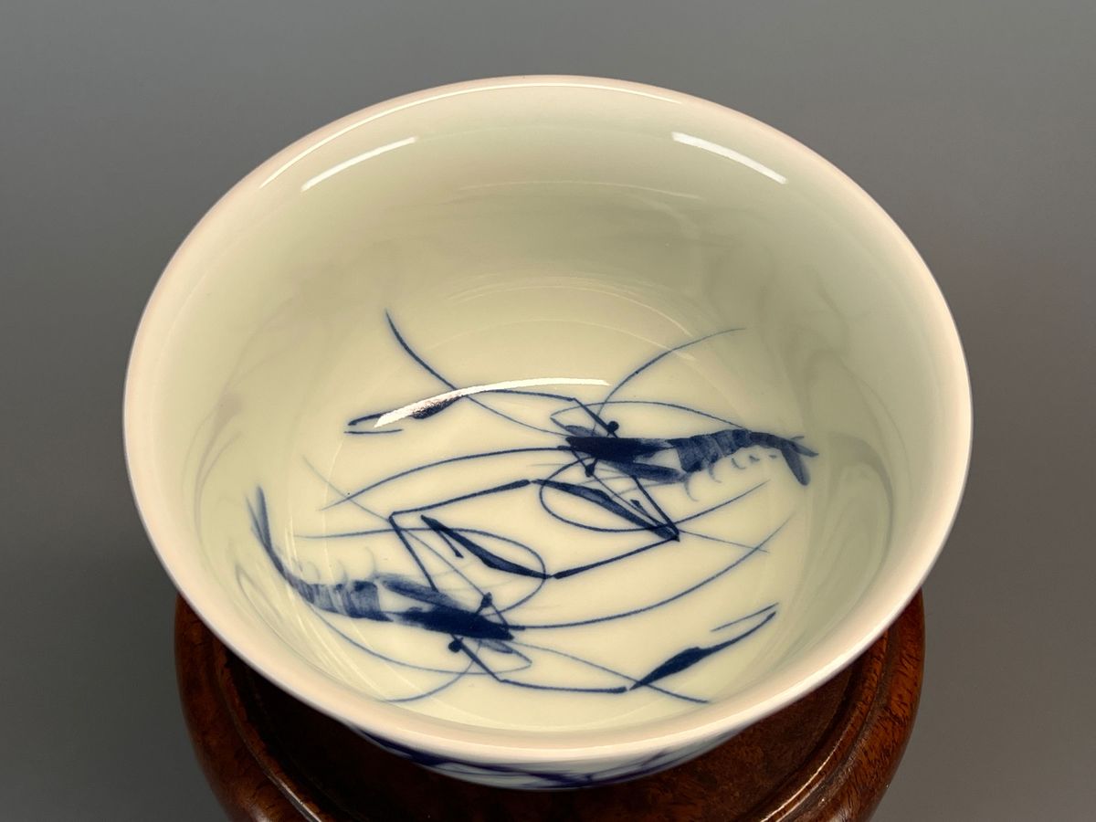 中国美術 湯呑み 茶器 青花染付 薄胎 煎茶道具 蝦図 景德鎮 新品未使用