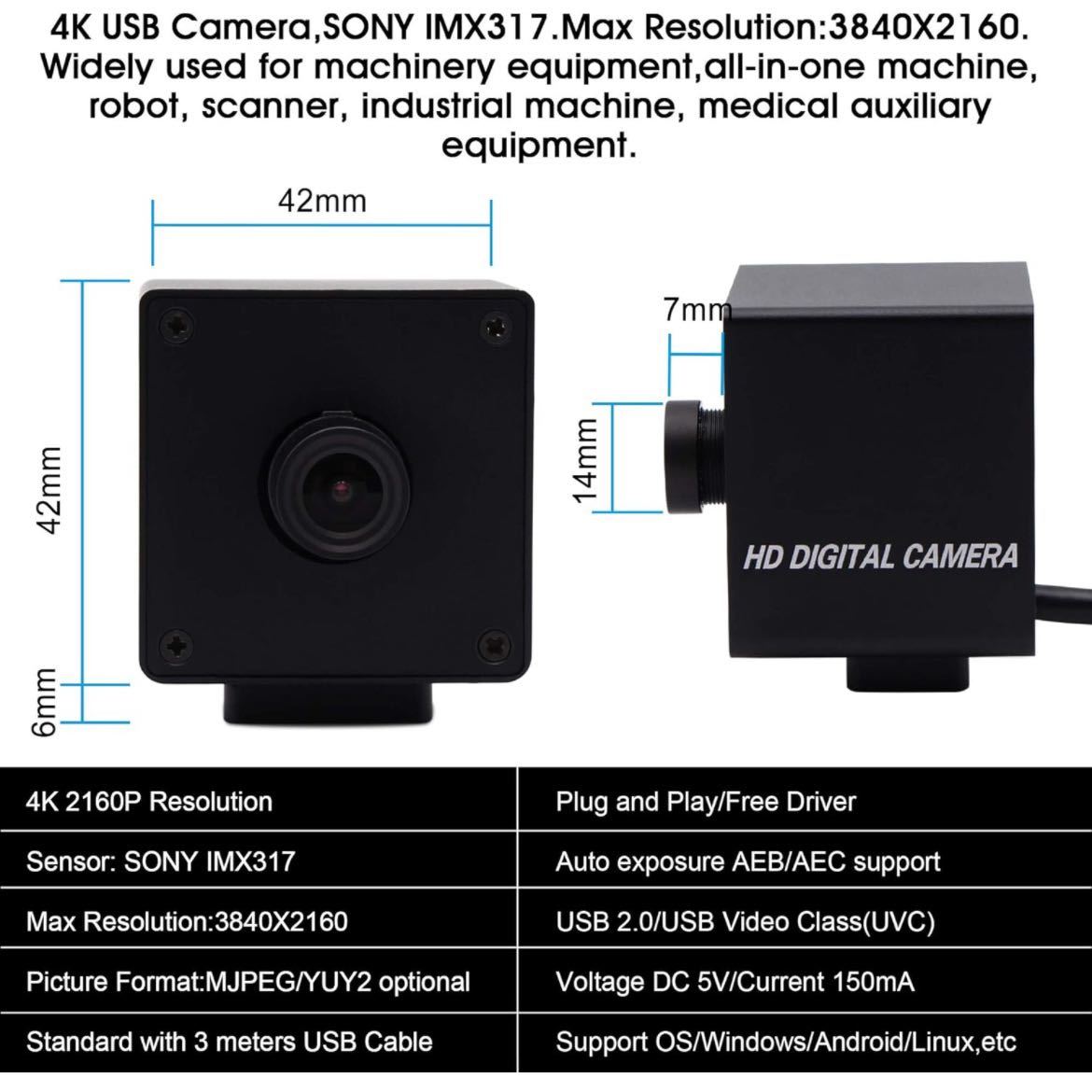 【未使用】ELP★ 4K Usbカメラ 超小型 ウェブカメラ 3.6mmレンズ カメラ フルHD 2160P 30FPSカメラ 広角 90度 カメラ 固定レンズ Webカメラ_画像2