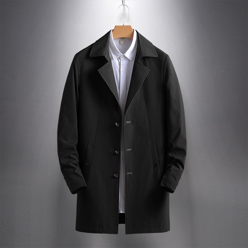 メンズ トレンチコート ロング丈 ビジネスコート オフィス ビジネス用 スリム 通勤 ブラック　3XL